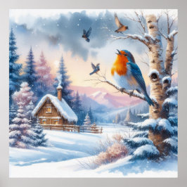 Vogels en winterlandschap 24 poster