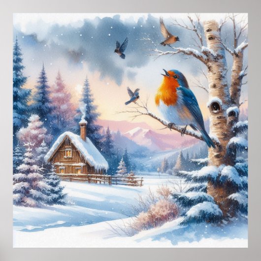 Vogels en winterlandschap 24 poster (Voorkant)