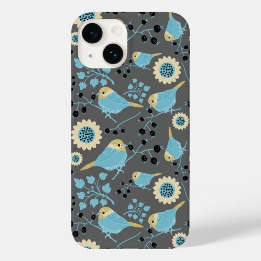 Vogels Floral Berries Blue Cream Black Grey Patter Case-Mate iPhone Case (Achterkant)