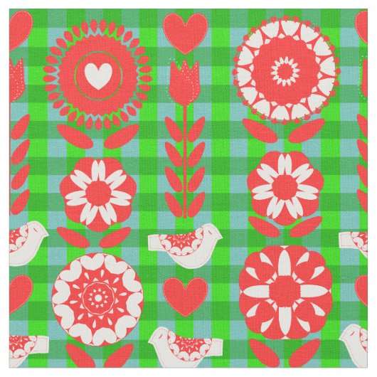 Vogels Folk Art  Floral Pattern Fabric Stof (Close Up)