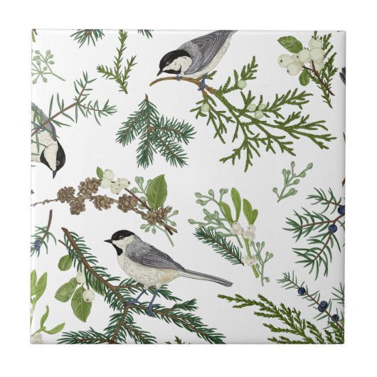  Vogels Groene Flora Chickadee Art Nouveau Tegeltje (Voorkant)