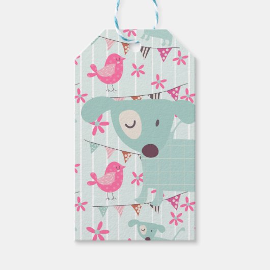Vogels, honden, banners, bloemen cadeaulabel (Voorkant)
