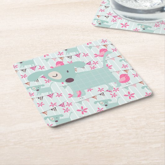 Vogels, honden, banners, bloemen kartonnen onderzetters (Schuin)