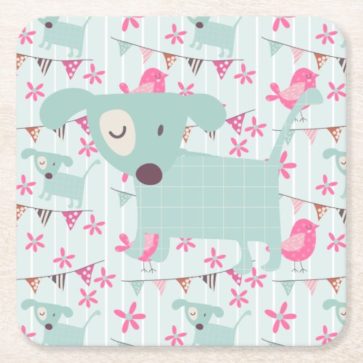 Vogels, honden, banners, bloemen kartonnen onderzetters (Voorkant)