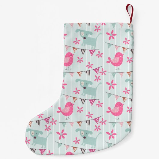 Vogels, honden, banners, bloemen kleine kerstsok (Achterkant)