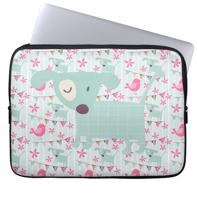 Vogels, honden, banners, bloemen laptop sleeve (Voorkant)
