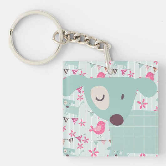 Vogels, honden, banners, bloemen sleutelhanger (Voorkant)