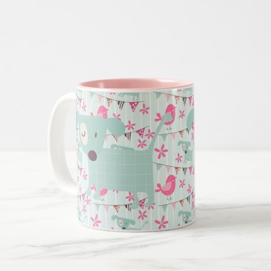 Vogels, honden, banners, bloemen tweekleurige koffiemok (Voorkant links)