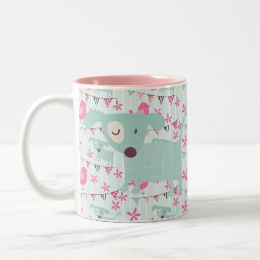 Vogels, honden, banners, bloemen tweekleurige koffiemok (Links)