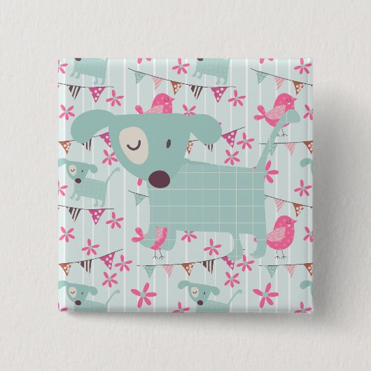 Vogels, honden, banners, bloemen vierkante button 5,1 cm (Voorkant)