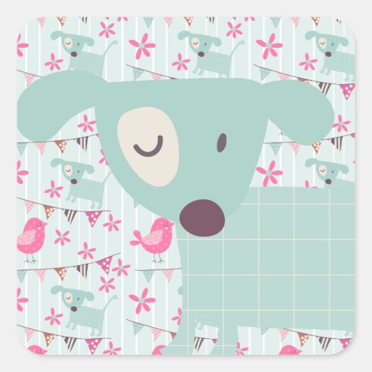 Vogels, honden, banners, bloemen vierkante sticker (Voorkant)