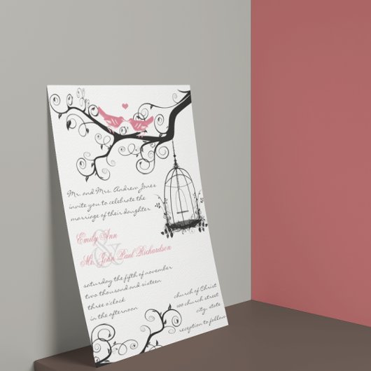  vogels Honeysuckle Pink Wedding Invite Kaart