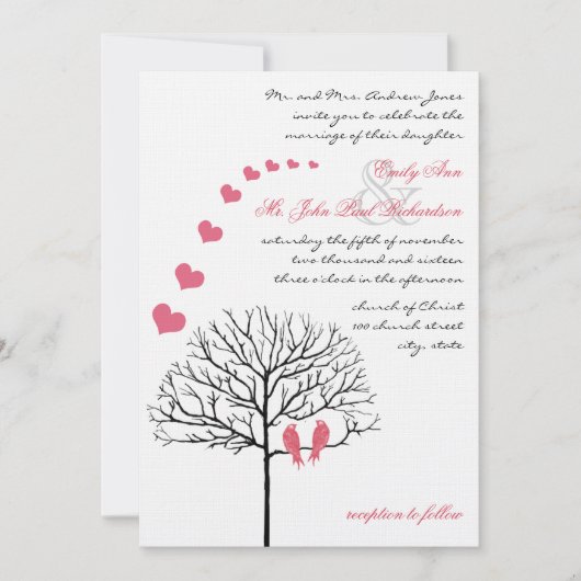  vogels Honeysuckle Pink Wedding Invite Kaart (Voorkant)