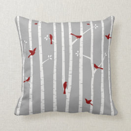 Vogels in Birch Trees Red White Grey Kussen