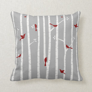 Vogels in Birch Trees Red White Grey Kussen