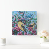 Vogels in de achtertuin Hand geschilderde kunst Vierkante Klok (Huis)