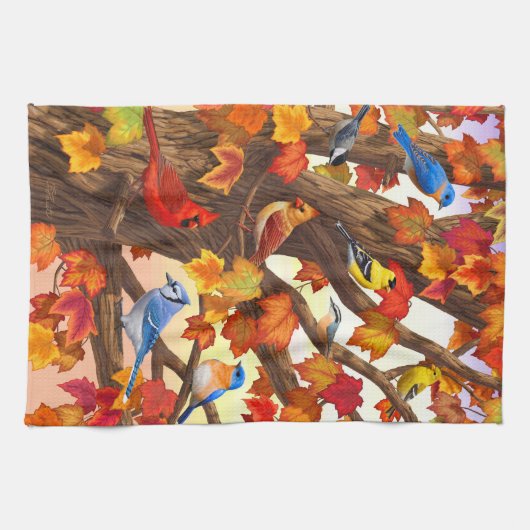 Vogels in de herfstapelboom theedoek (Horizontaal)