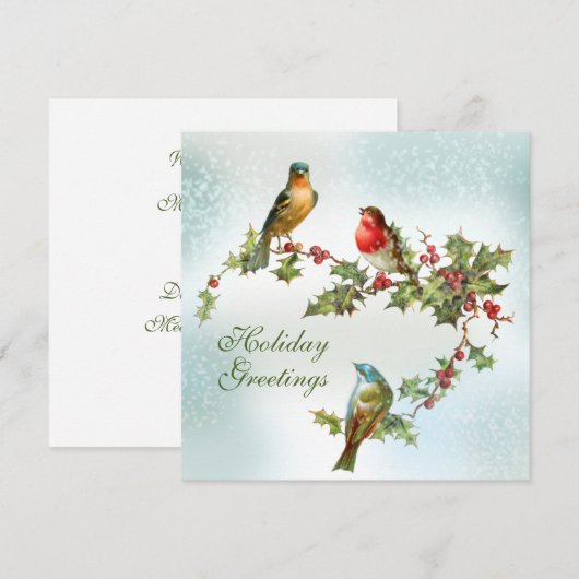 Vogels in de sneeuw op Holly Berries Flat Feestdagenkaart (Voorkant / Achterkant)