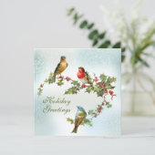 Vogels in de sneeuw op Holly Berries Flat Feestdagenkaart (Staand voorkant)