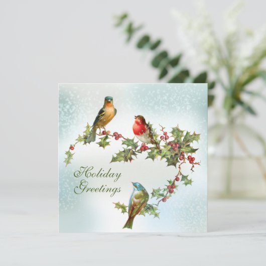 Vogels in de sneeuw op Holly Berries Flat Feestdagenkaart (Staand voorkant)