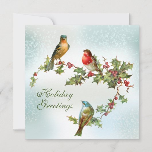 Vogels in de sneeuw op Holly Berries Flat Feestdagenkaart (Voorkant)