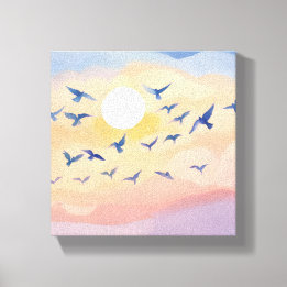 Vogels in de vlucht | Sunset Natuur Waterverf Canvas Afdruk
