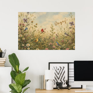 Vogels in de weide muurkunst voor natuur liefhebbe poster