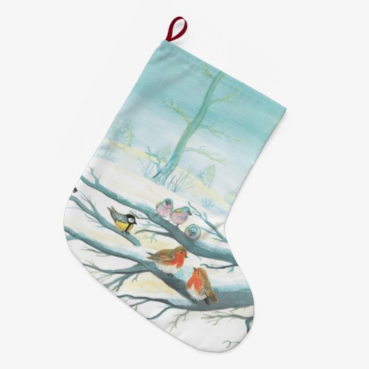 Vogels in de witte sneeuwwinter grote kerstsok (Voorkant (Hangend))