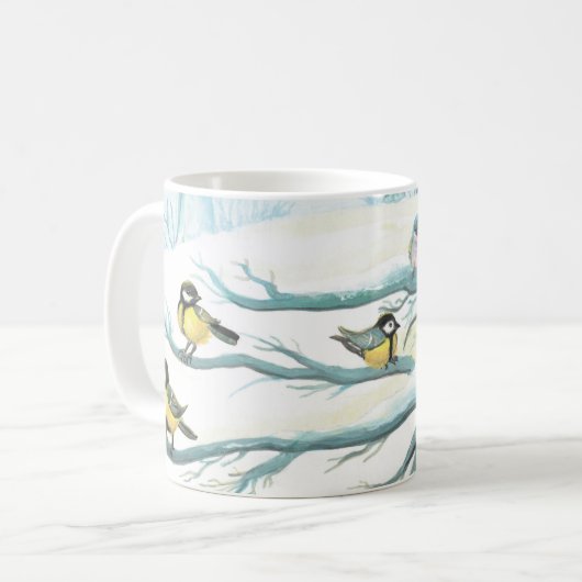 Vogels in de witte sneeuwwinter koffiemok (Voorkant links)