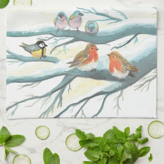 Vogels in de witte sneeuwwinter theedoek (Gevouwen)