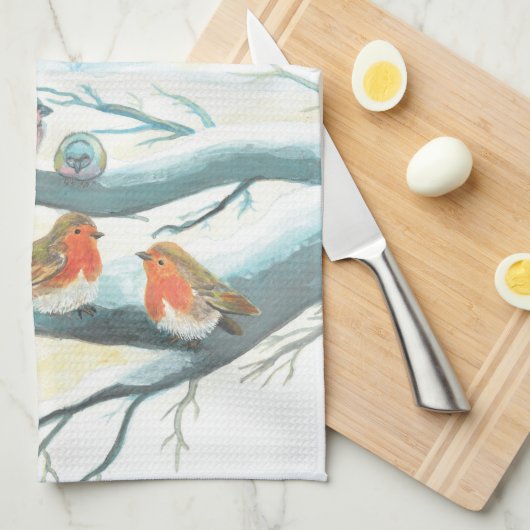 Vogels in de witte sneeuwwinter theedoek (Quarter Fold)