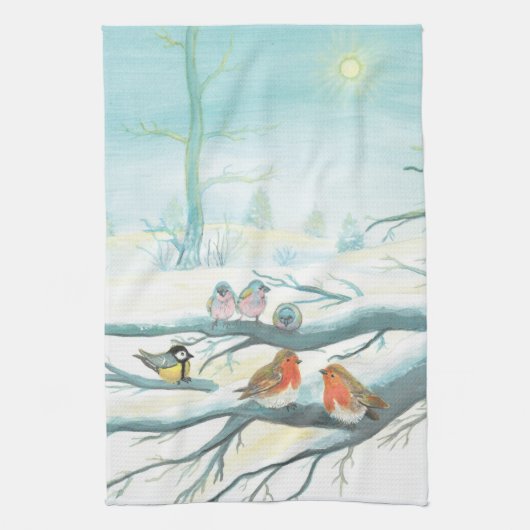 Vogels in de witte sneeuwwinter theedoek (Verticaal)