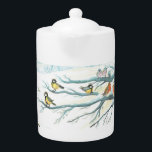 Vogels in de witte sneeuwwinter theepot<br><div class="desc">Wintervogels in een sneeuwbos op een koude zonnige dag. Tit bird,  Robin redborsts and Common chaffinch - Afbeelding book Illustration.</div>