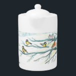Vogels in de witte sneeuwwinter theepot<br><div class="desc">Wintervogels in een sneeuwbos op een koude zonnige dag. Tit bird,  Robin redborsts and Common chaffinch - Afbeelding book Illustration.</div>