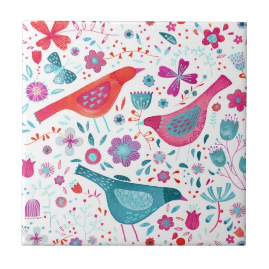 Vogels in een Waterverf van de Garden Folk Boho Tegeltje (Voorkant)