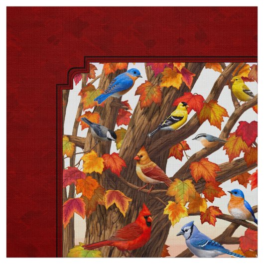 Vogels in Herfst Maple Tree Rood Stof (Swatch)