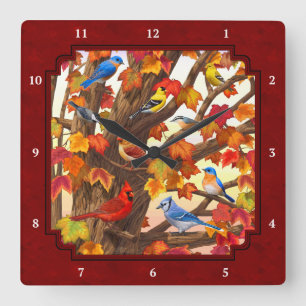 Vogels in Herfst Maple Tree Rood Vierkante Klok