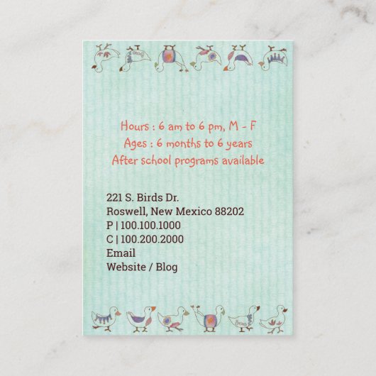 Vogels in het bloeicentrum voor dagzorg visitekaartje (Achterkant)