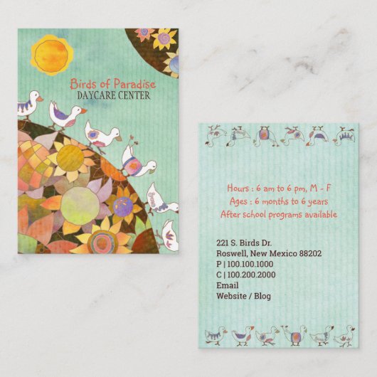 Vogels in het bloeicentrum voor dagzorg visitekaartje (Voorkant / Achterkant)