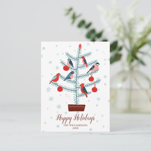 Vogels in Kerstboom Gelukkige Vakantie Familie Fot Briefkaart (Staand voorkant)