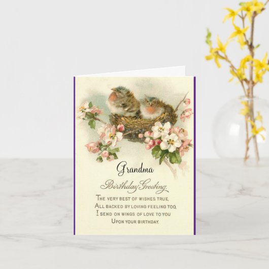Vogels in Nest Birthday Wenskaart Kaart (Gele Bloem)