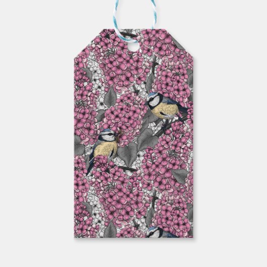 Vogels in roze lila tuin cadeaulabel (Voorkant)