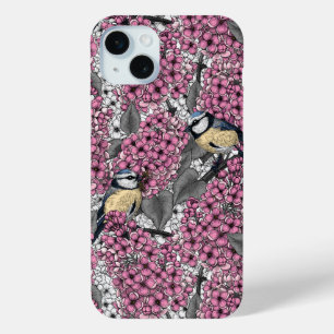 Vogels in roze lila tuin iPhone 15 mini hoesje