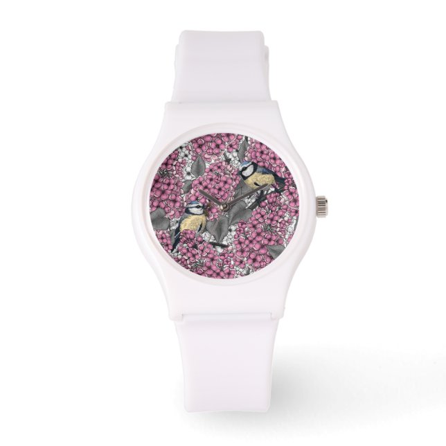 Vogels in roze lila tuin horloge (Voorkant)