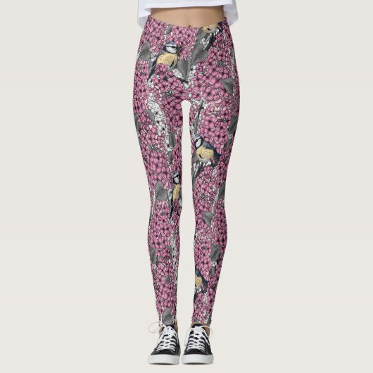 Vogels in roze lila tuin leggings (Voorkant)
