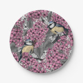 Vogels in roze lila tuin papieren bordje (Voorkant)