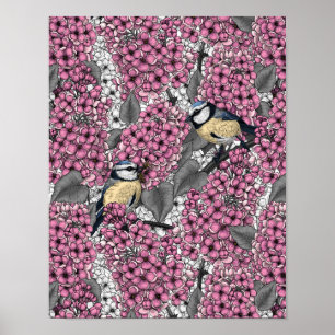 Vogels in roze lila tuin poster