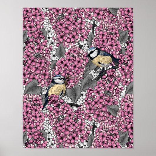 Vogels in roze lila tuin poster (Voorkant)