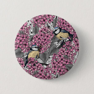 Vogels in roze lila tuin ronde button 5,7 cm