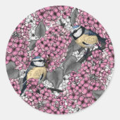 Vogels in roze lila tuin ronde sticker (Voorkant)